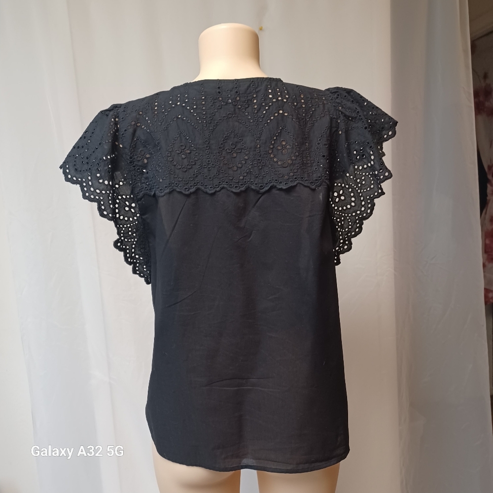 Nine West Women Size XL Black Flutter Sleeve Blouse with Tie Front - Picture 7 of 12